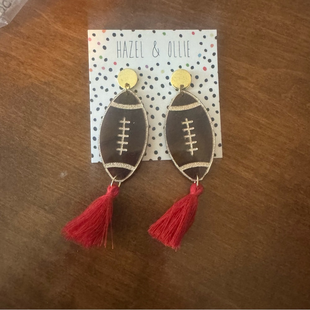 Hazel & Ollie Football Earrings with Red Tassels